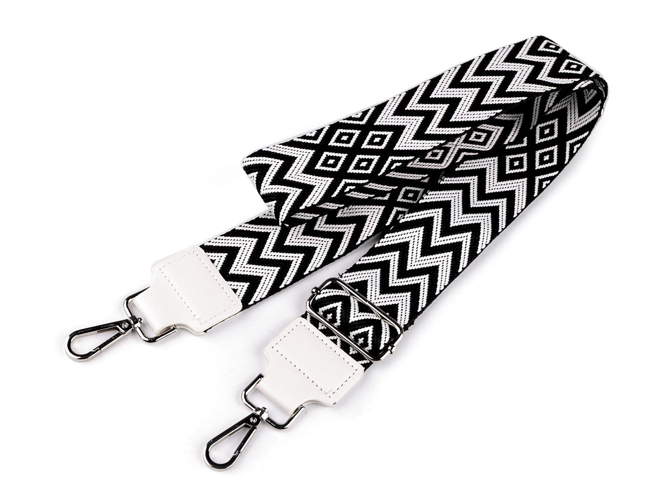 Textilní ucho / popruh na tašku s karabinami šíře 5 cm, barva 4 černá bílá s AB efektem