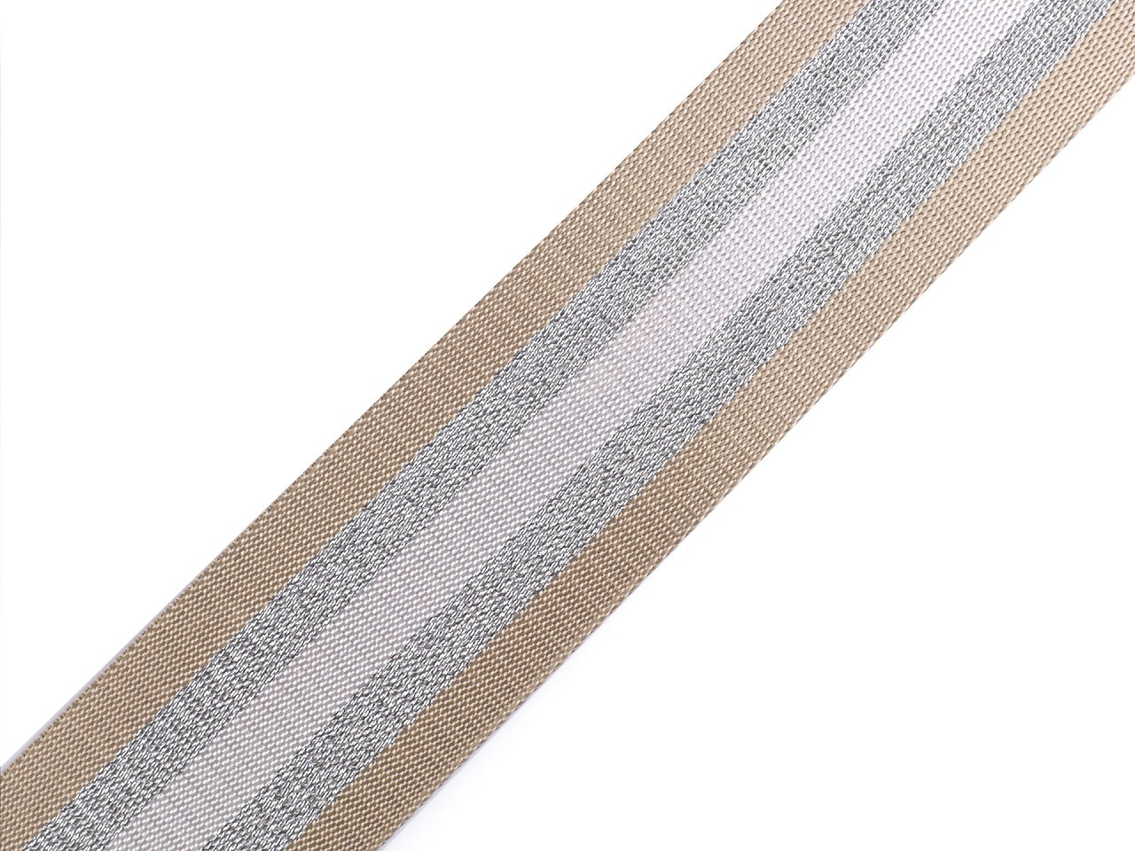 Hladký oboustranný popruh s lurexem šíře 50 mm, barva 2 béžová stříbrná