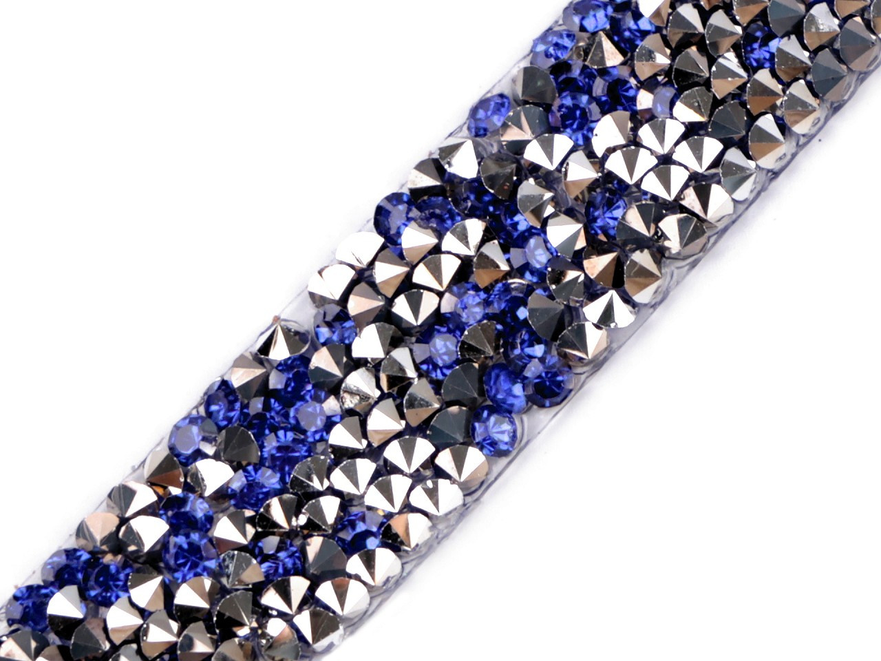 Prýmek s kamínky šíře 15 mm nažehlovací, barva 6 modrá berlínská stříbrná