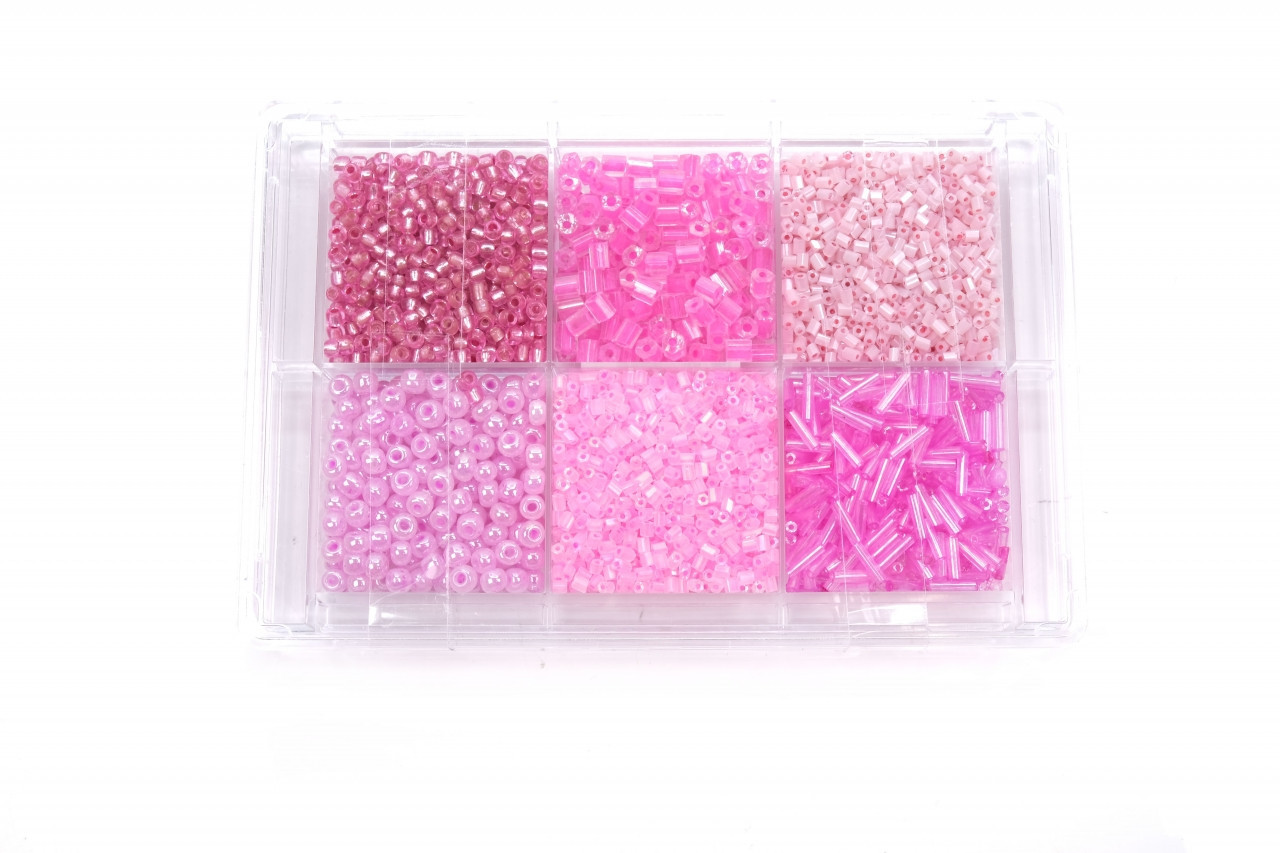 Korálky skleněné v sadě cca 80 g růžové odstíny, barva Růžové odstíny