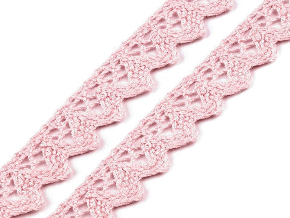 Bavlněná krajka šíře 15 mm paličkovaná, barva 1 růžová světlá (bavlna)