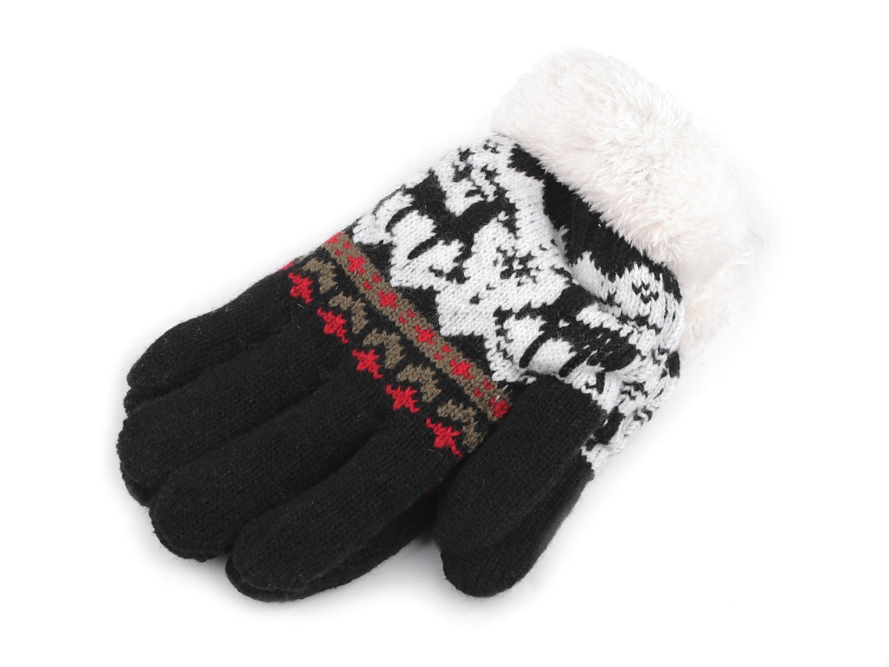 Dětské pletené rukavice s kožíškem, norský vzor, barva 38 černá