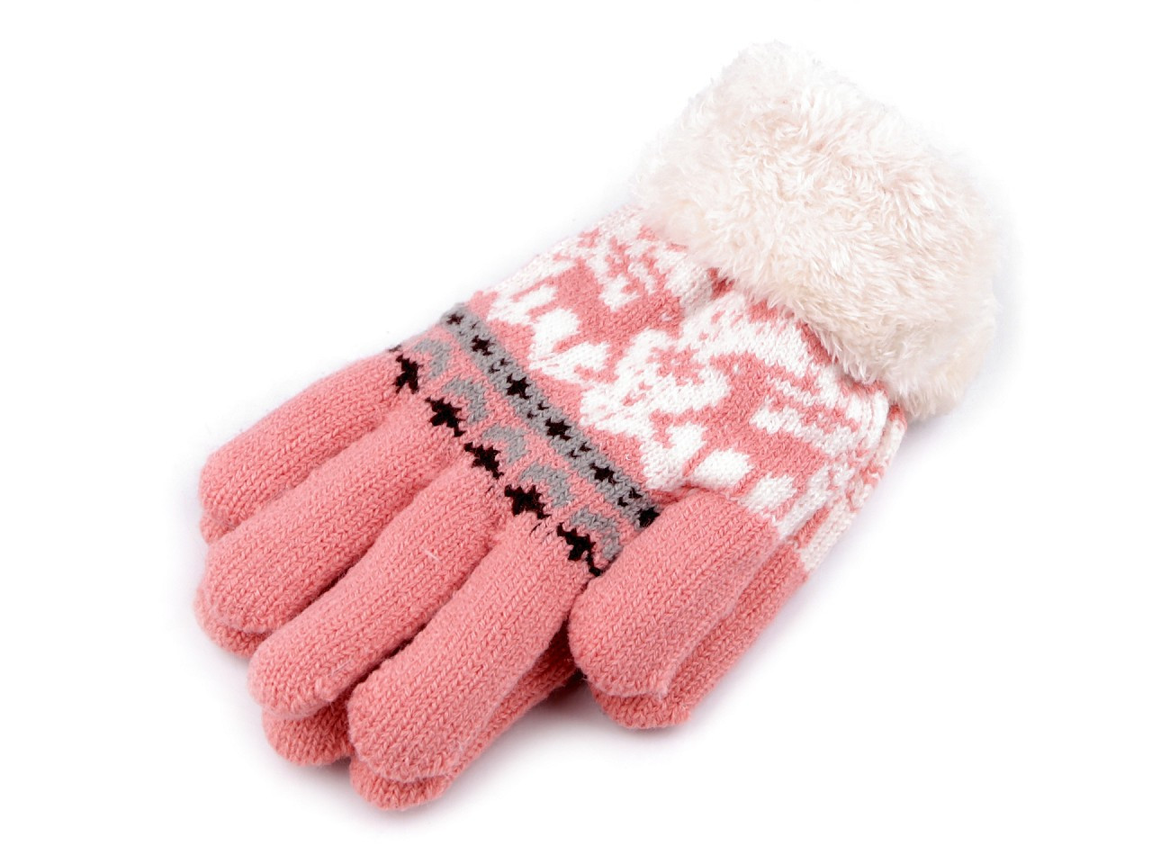 Dětské pletené rukavice s kožíškem, norský vzor, barva 30 růžová stř.