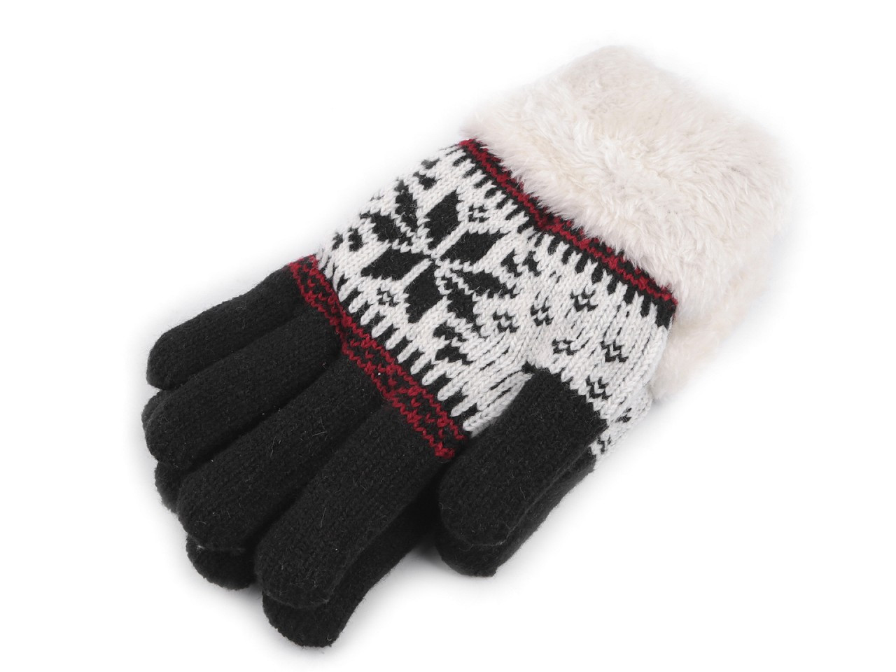Dětské pletené rukavice s kožíškem, norský vzor, barva 39 černá
