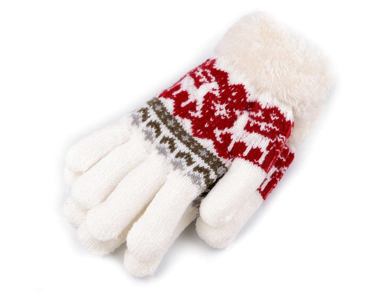 Dětské pletené rukavice s kožíškem, norský vzor, barva 28 krémová nejsvět. červená