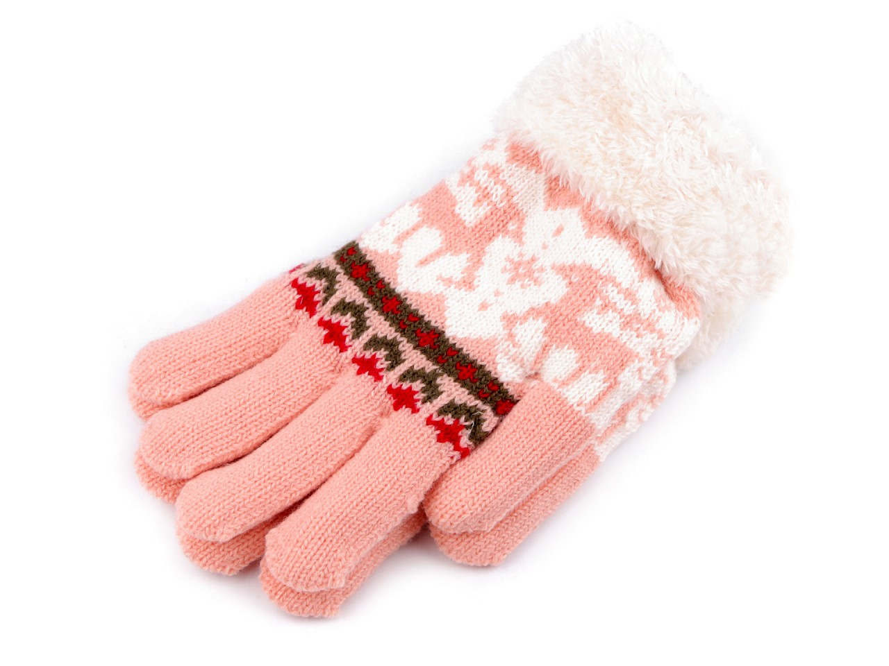 Dětské pletené rukavice s kožíškem, norský vzor, barva 29 pudrová