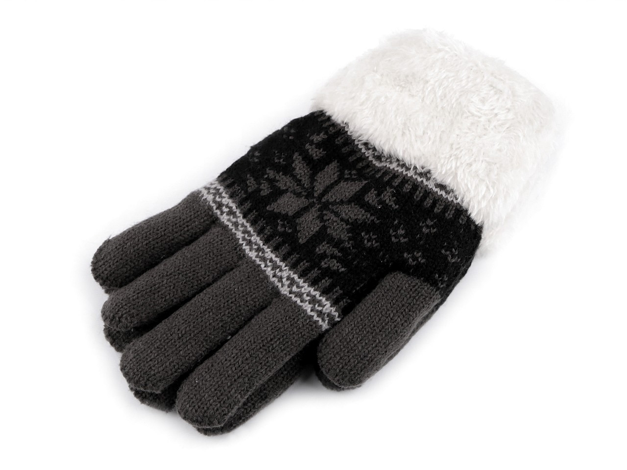 Dětské pletené rukavice s kožíškem, norský vzor, barva 37 šedá