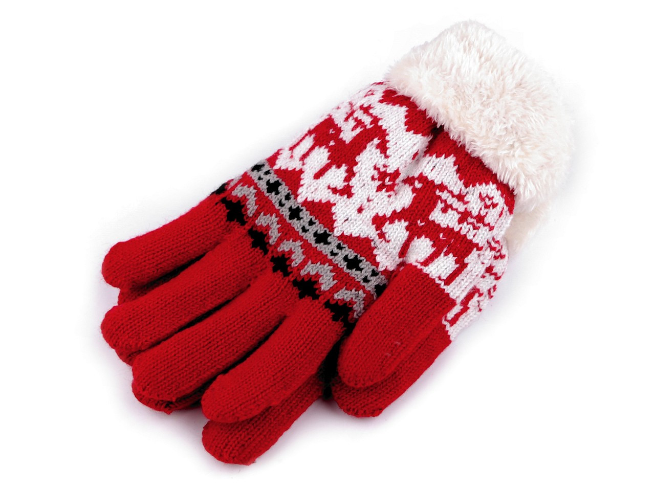 Dětské pletené rukavice s kožíškem, norský vzor, barva 31 červená