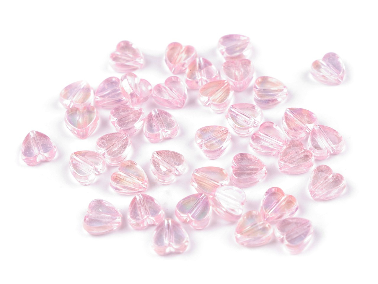 Plastové korálky s AB efektem srdce Ø8 mm, barva 3 růžová sv.