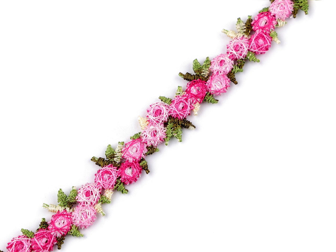 Vyšívaný prýmek s 3D květy šíře 15 mm, barva 2 růžová