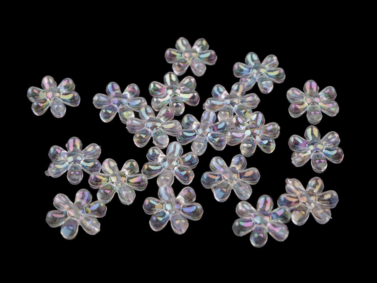 Plastové korálky s AB efektem květ Ø17 mm, barva 1 transparent