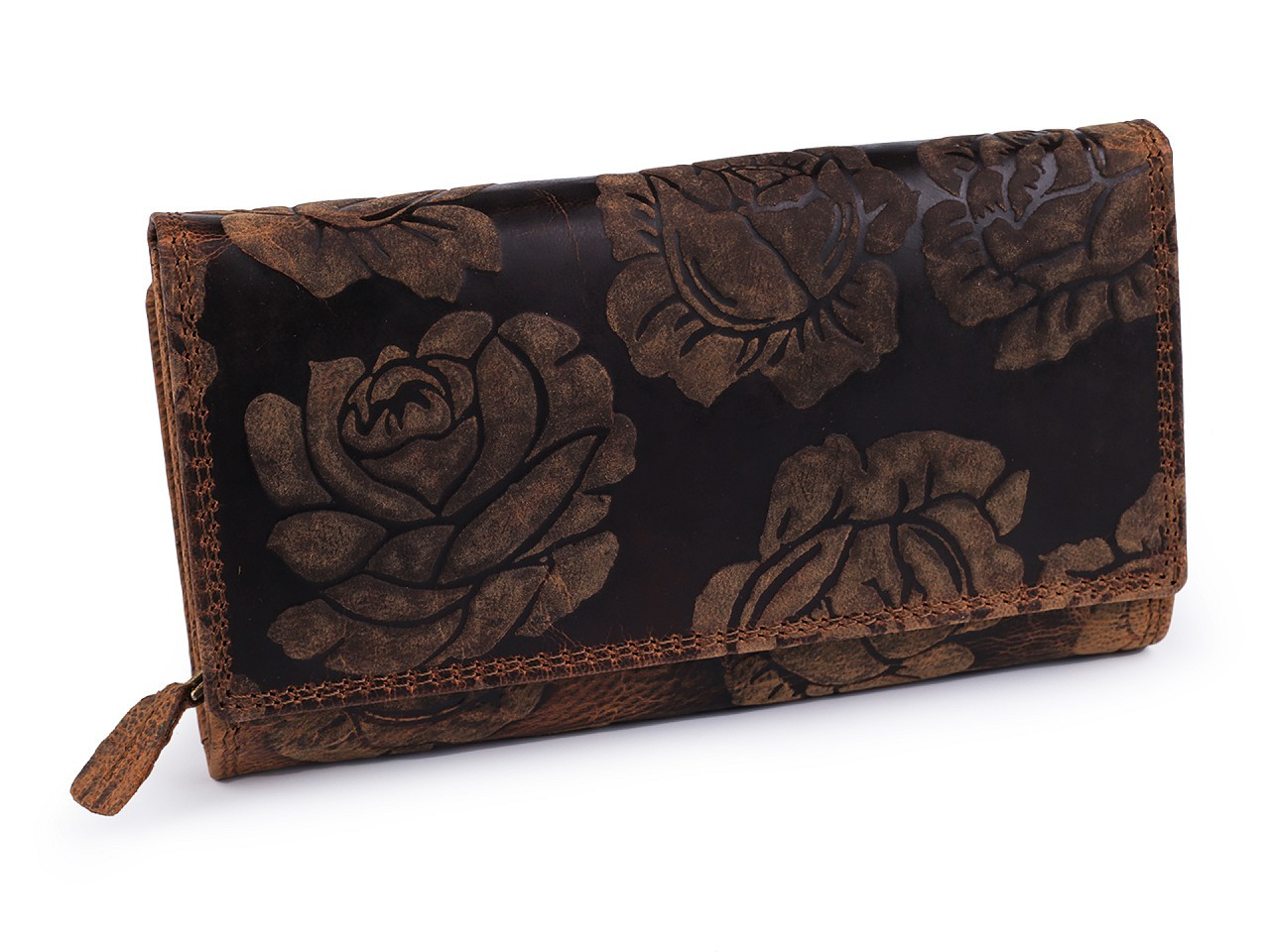 Dámská peněženka kožená s květy, barva 17 hnědá