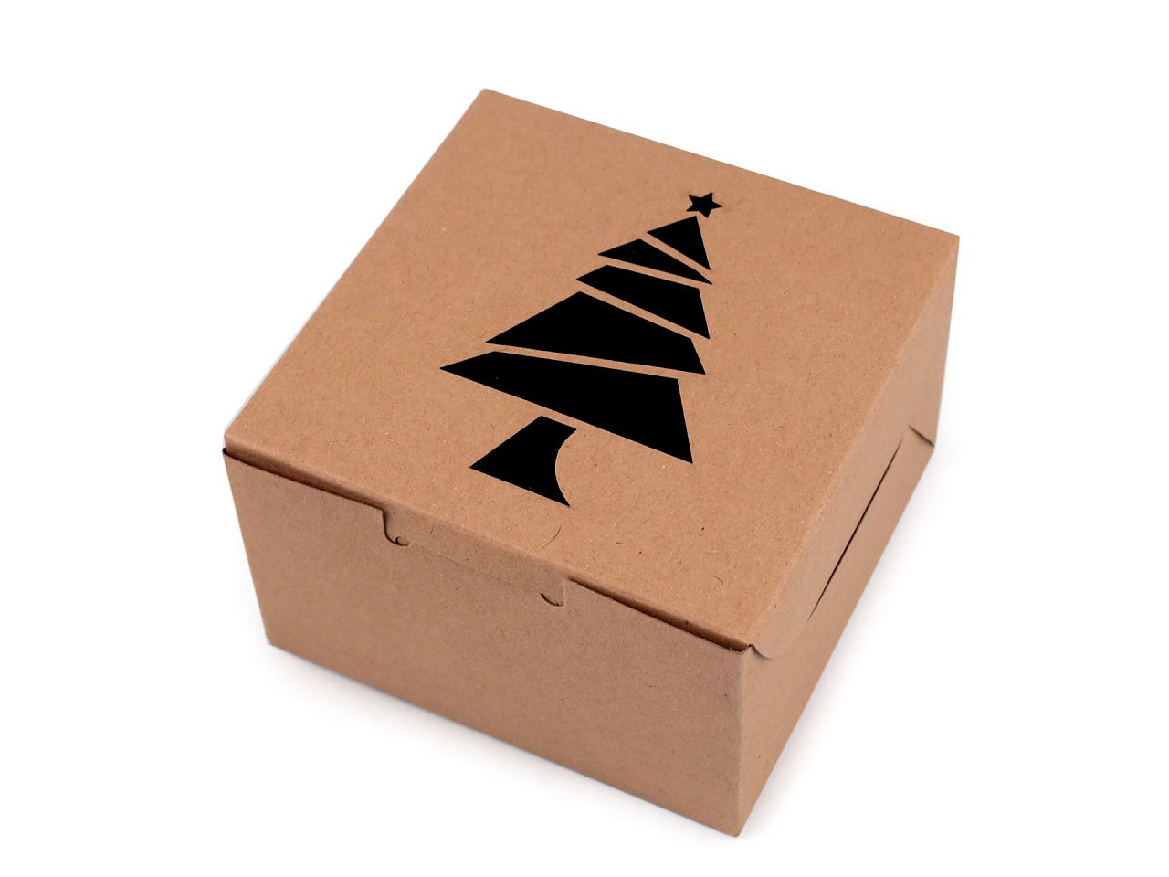 Vánoční papírová krabička s průhledem stromeček, vločka, zvonek, barva 1 hnědá přírodní stromeček