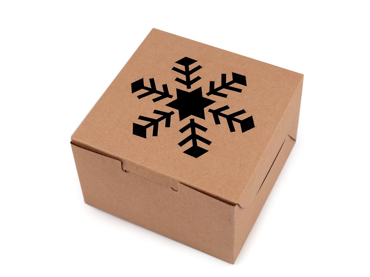 Vánoční papírová krabička s průhledem stromeček, vločka, zvonek, barva 2 hnědá přírodní vločka