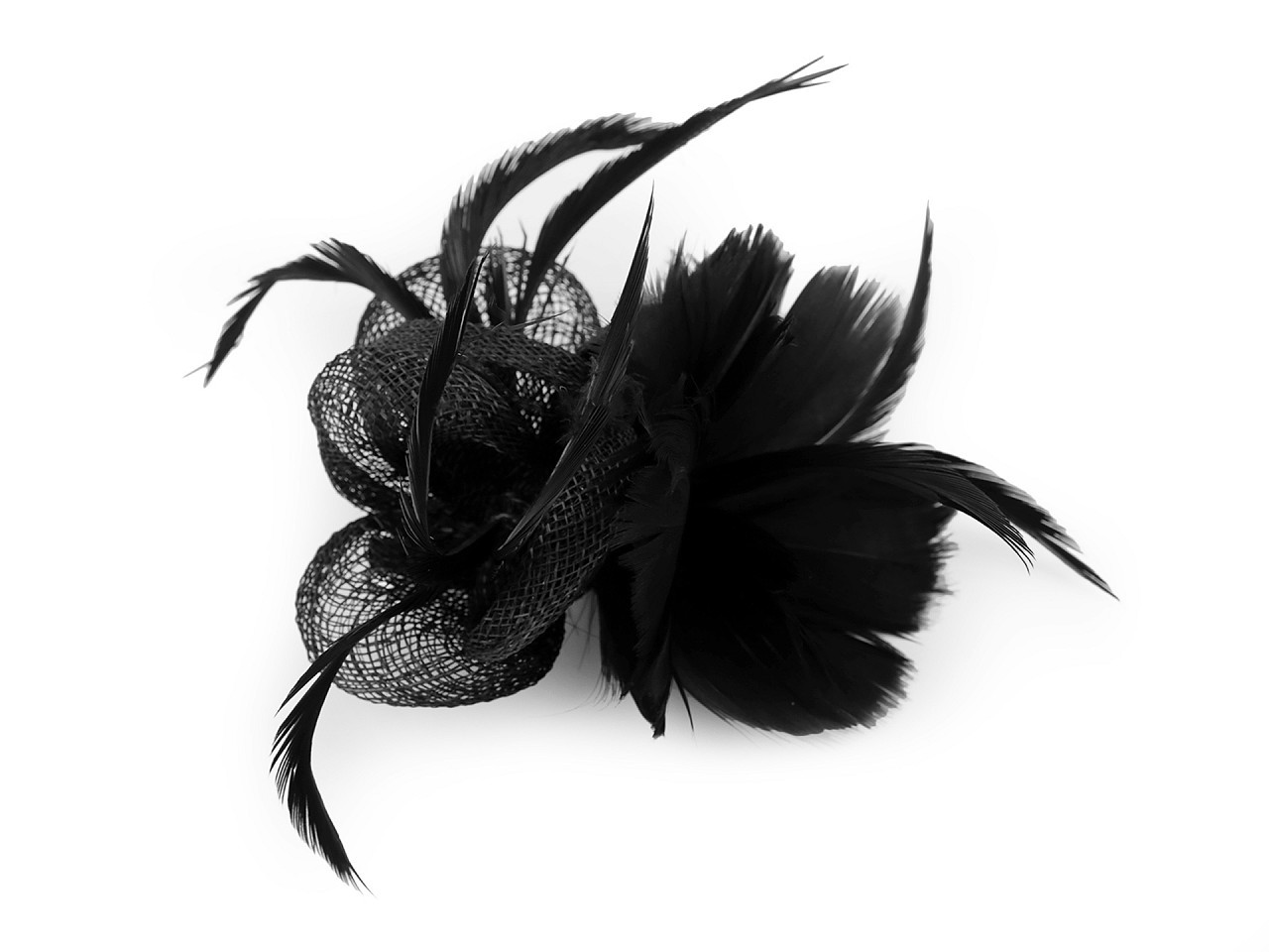 Fascinátor / brož květ s peřím, barva 2 černá