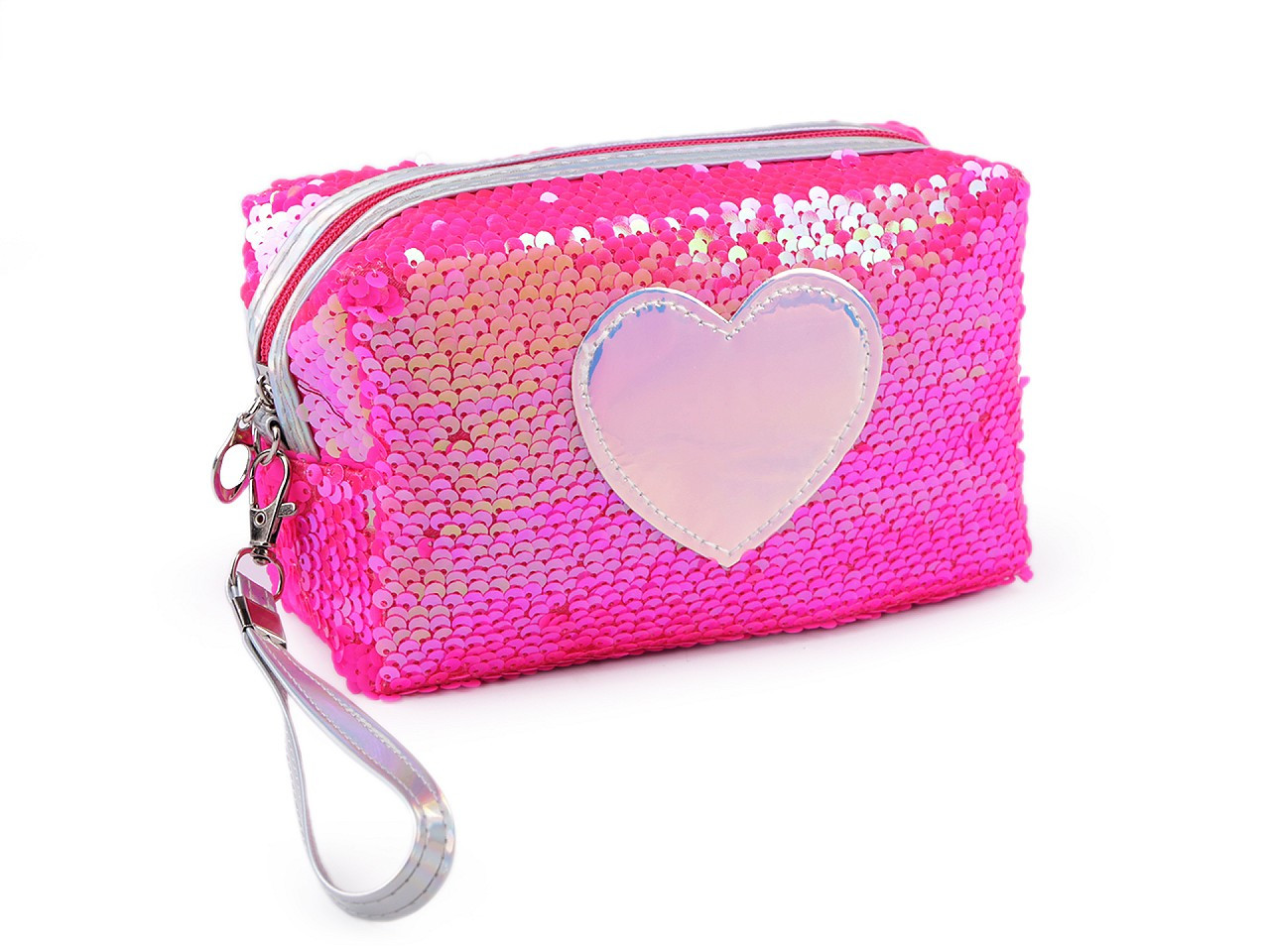Pouzdro / kosmetická taška s oboustrannými flitry a srdcem 11x18 cm, barva 2 pink