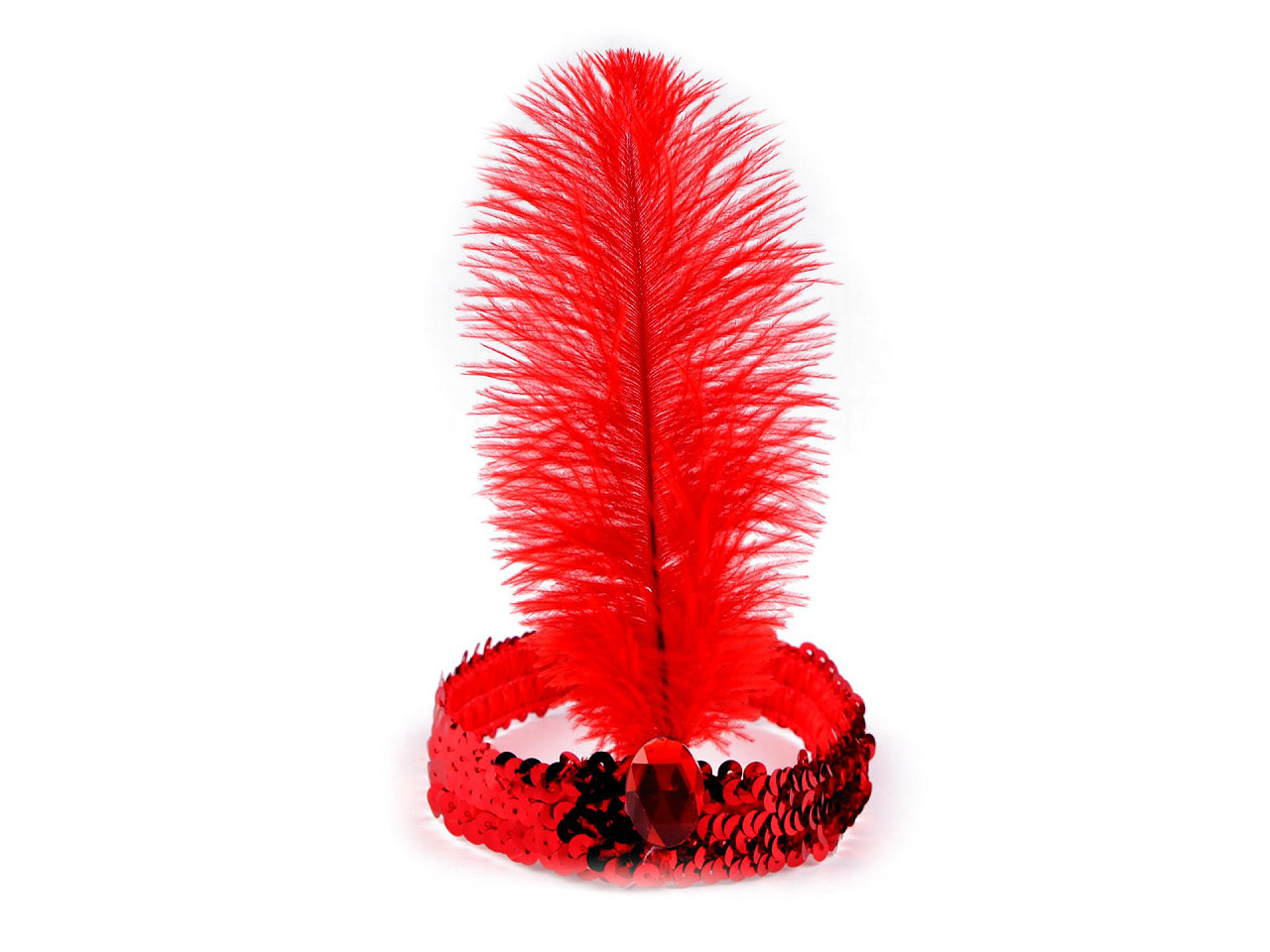 Karnevalová čelenka flitrová s peřím retro, barva 2 červená
