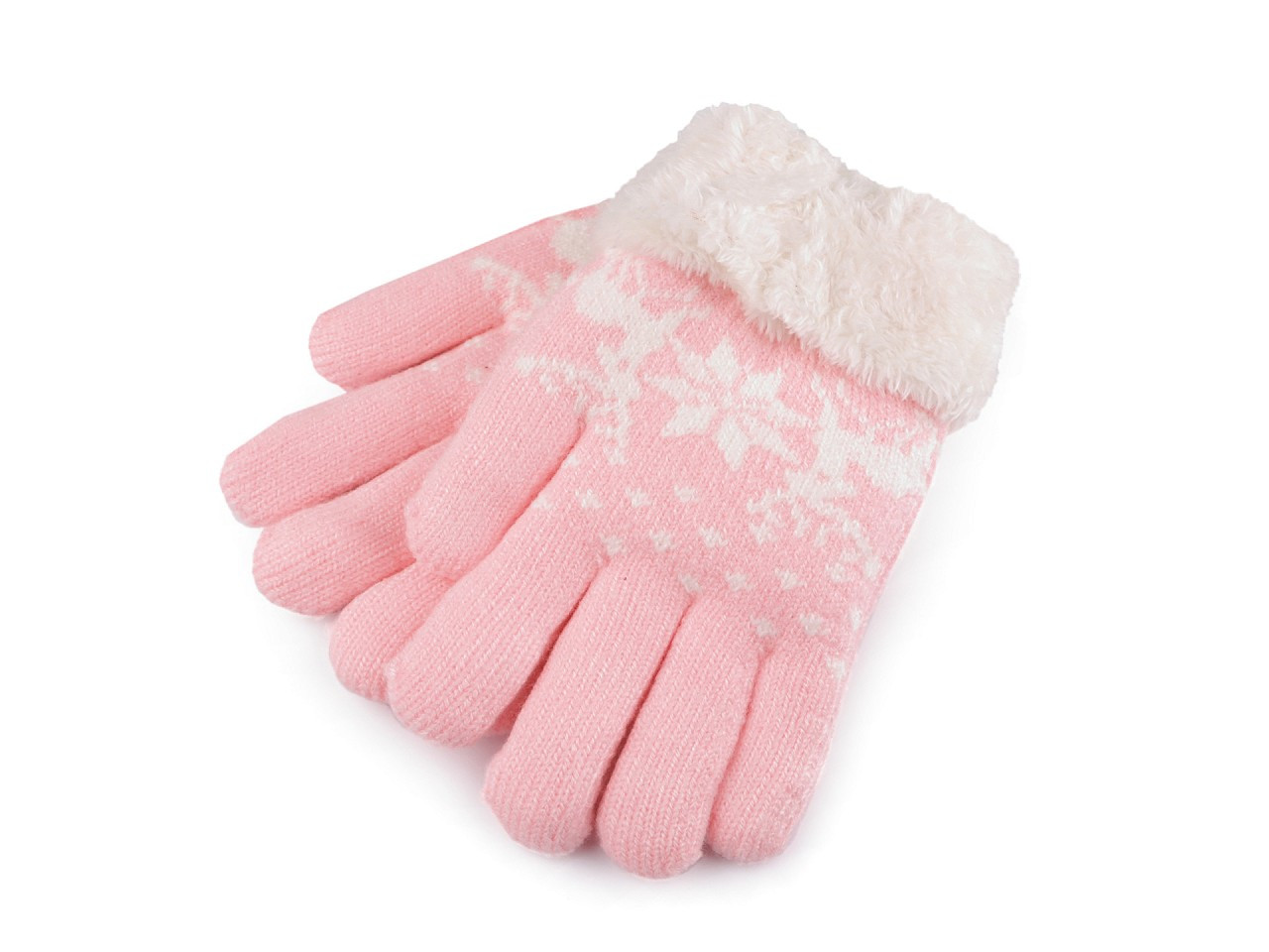 Dětské pletené rukavice s kožíškem, norský vzor, barva 24 růžová nejsv. bílá