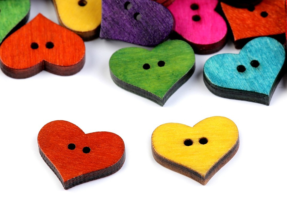 Dřevěný dekorační knoflík srdce, barva mix barev