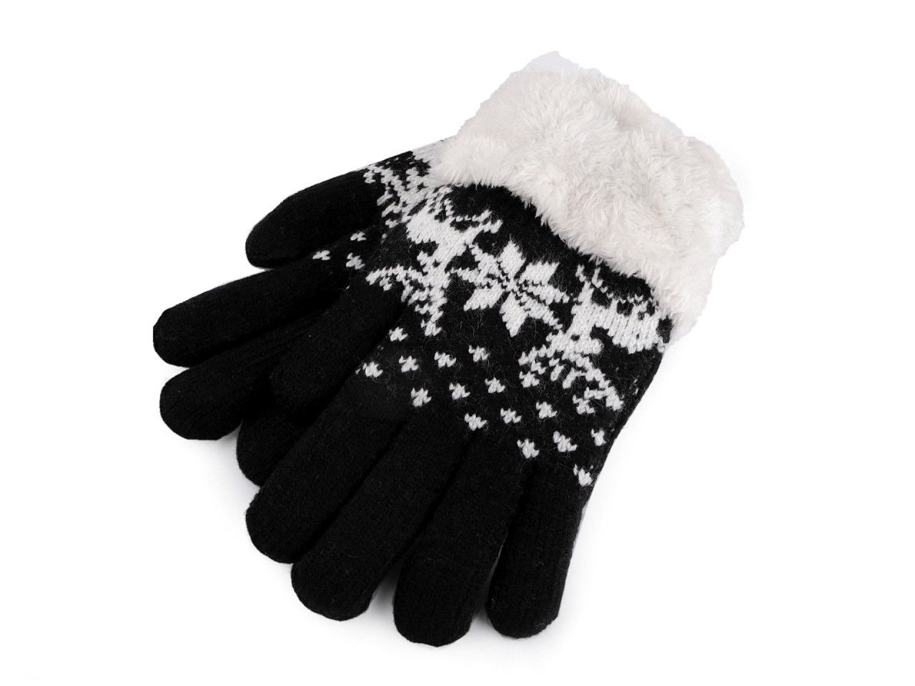 Dětské pletené rukavice s kožíškem, norský vzor, barva 7 černá bílá