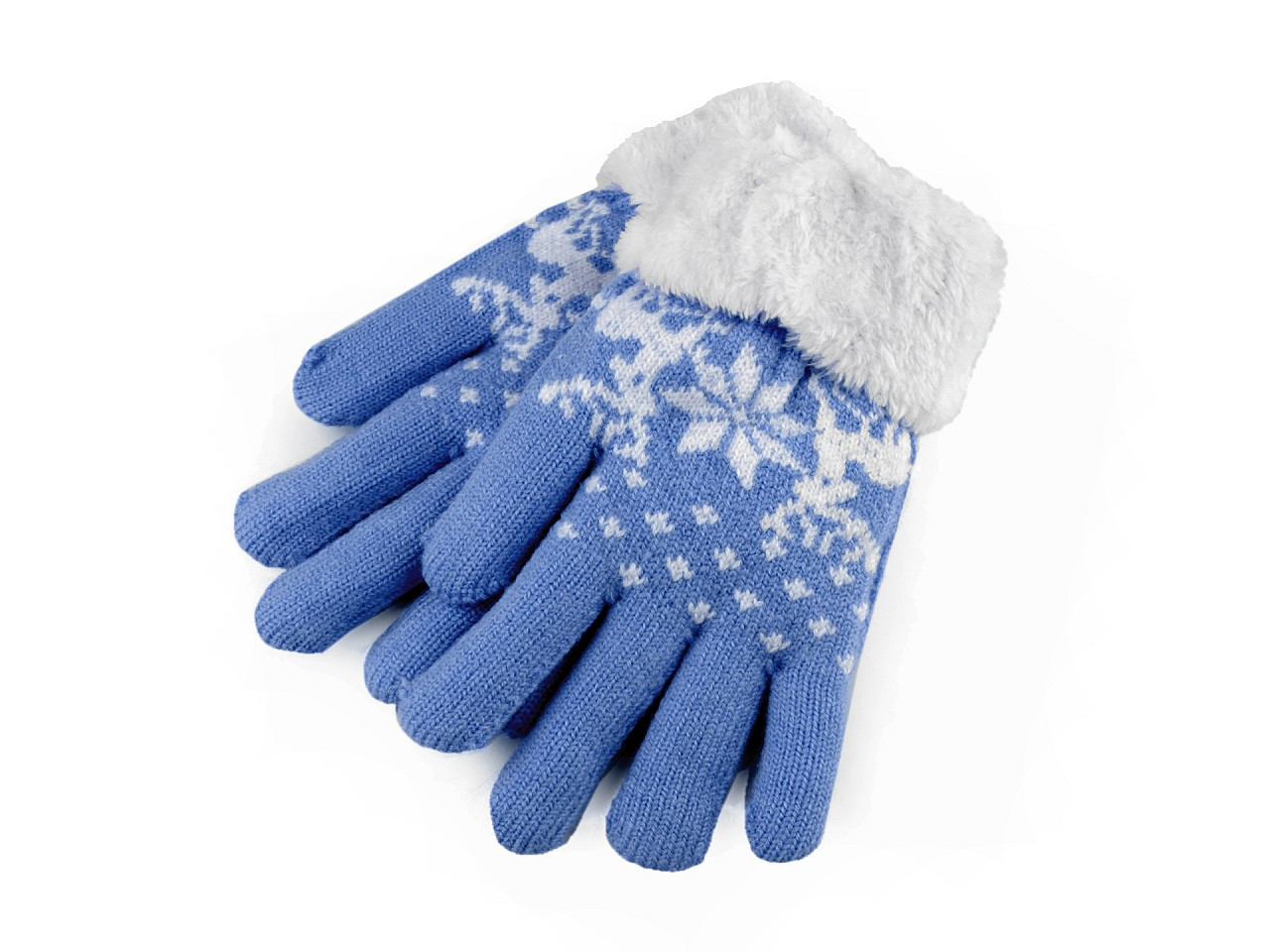 Dětské pletené rukavice s kožíškem, norský vzor, barva 4 modrá jemná bílá