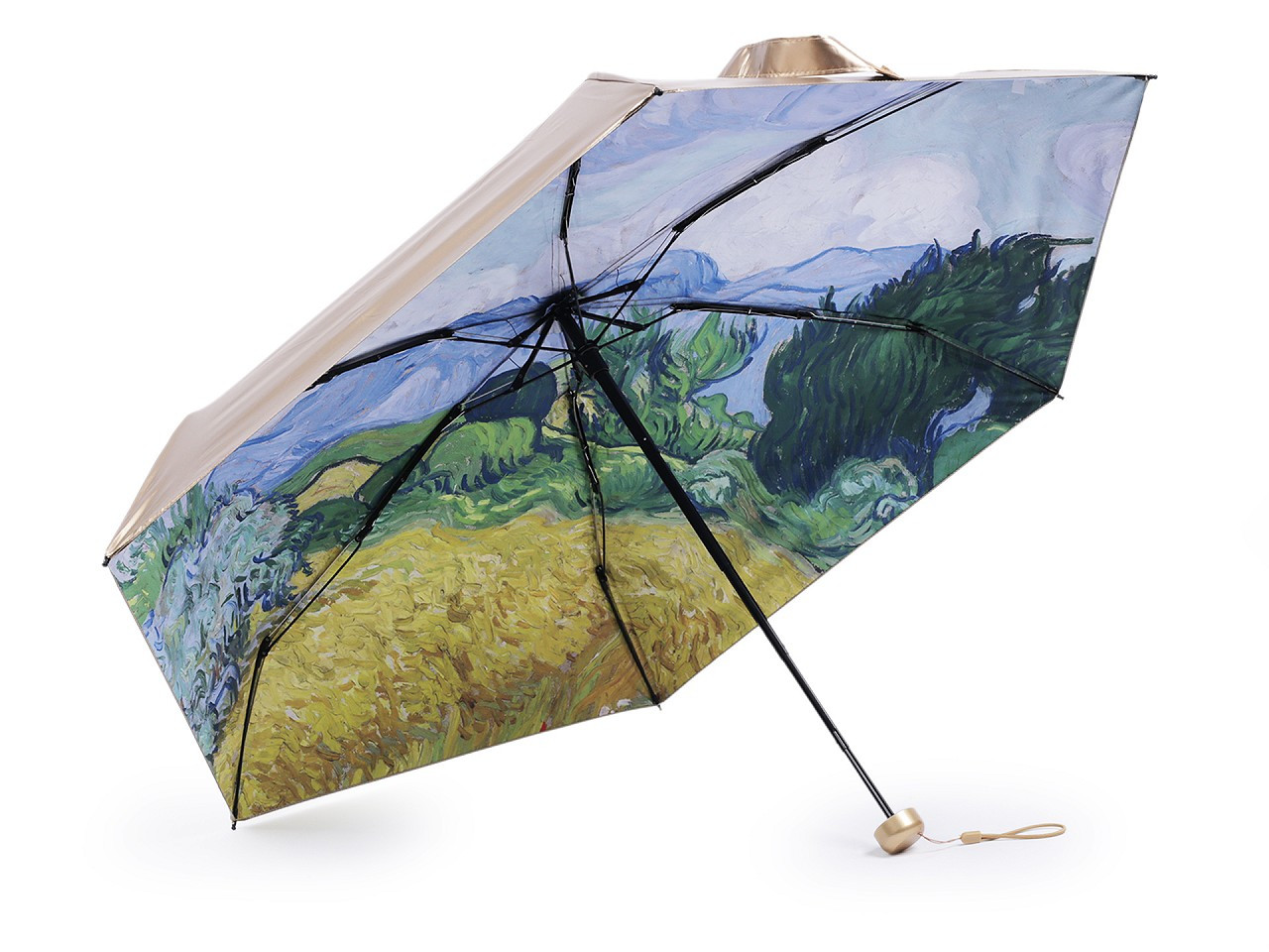 Dámský mini skládací deštník metalický, uvnitř zdobený, barva 2 modrá světlá zlatá