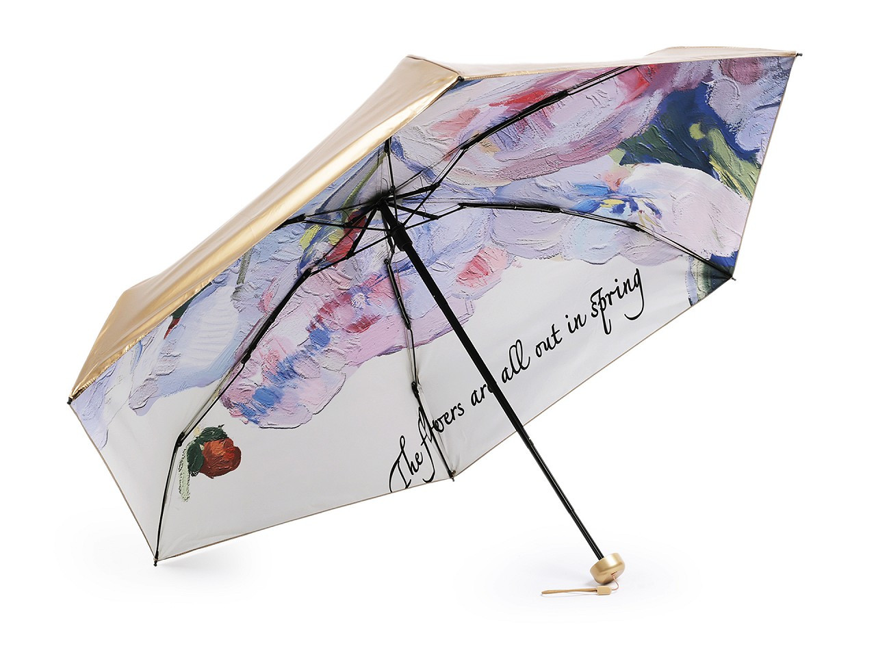 Dámský mini skládací deštník metalický, uvnitř zdobený, barva 1 krémová nejsvět. zlatá