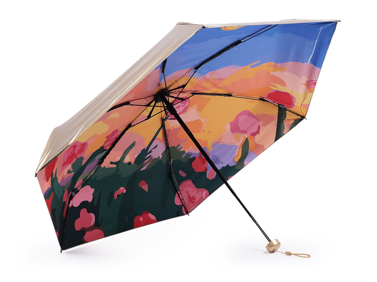 Dámský mini skládací deštník metalický, uvnitř zdobený, barva 3 lososová světlá zlatá
