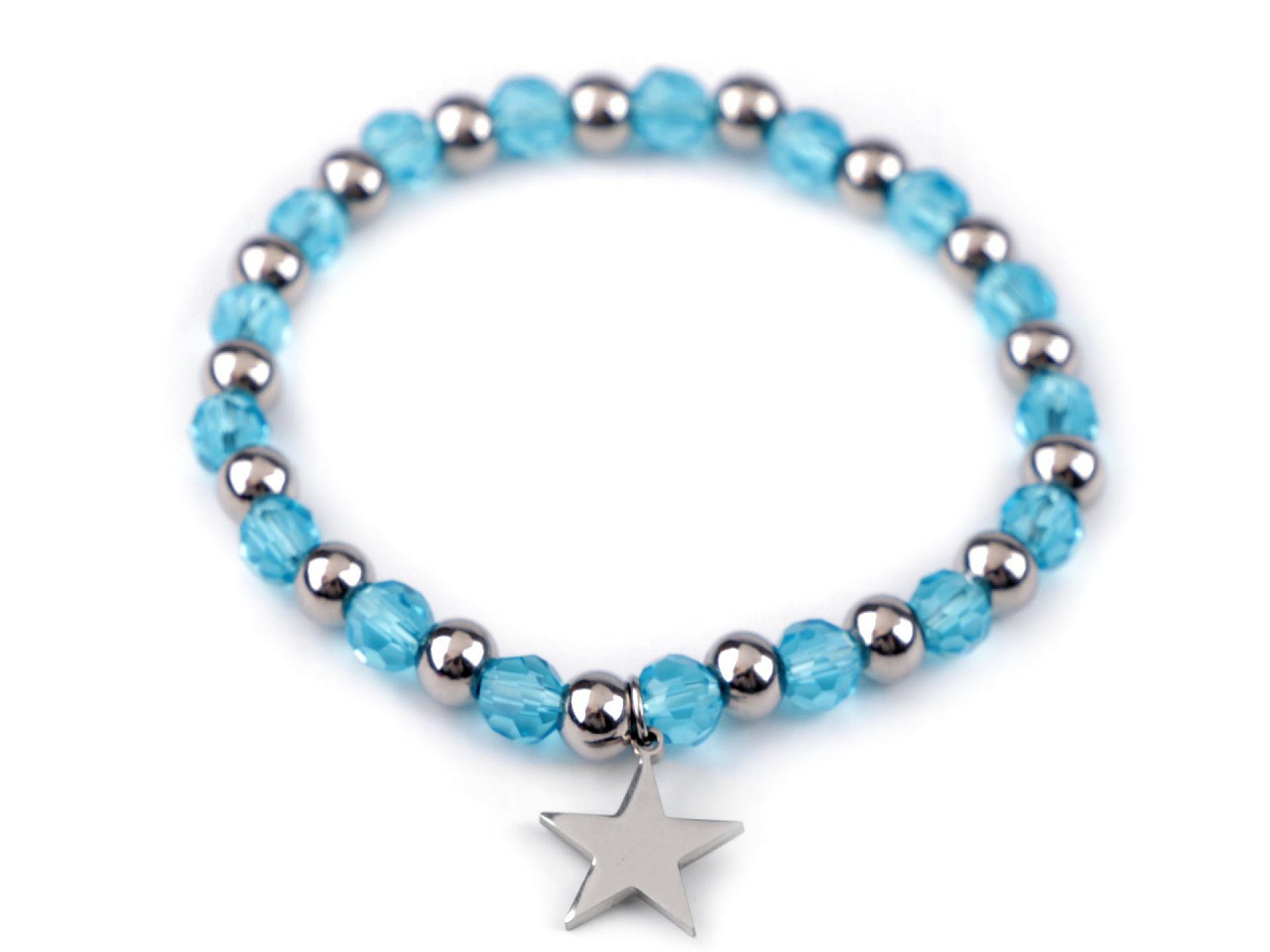 Náramek pružný z nerezové oceli s broušenými korálky, srdce, barva 13 modrá azurová hvězda