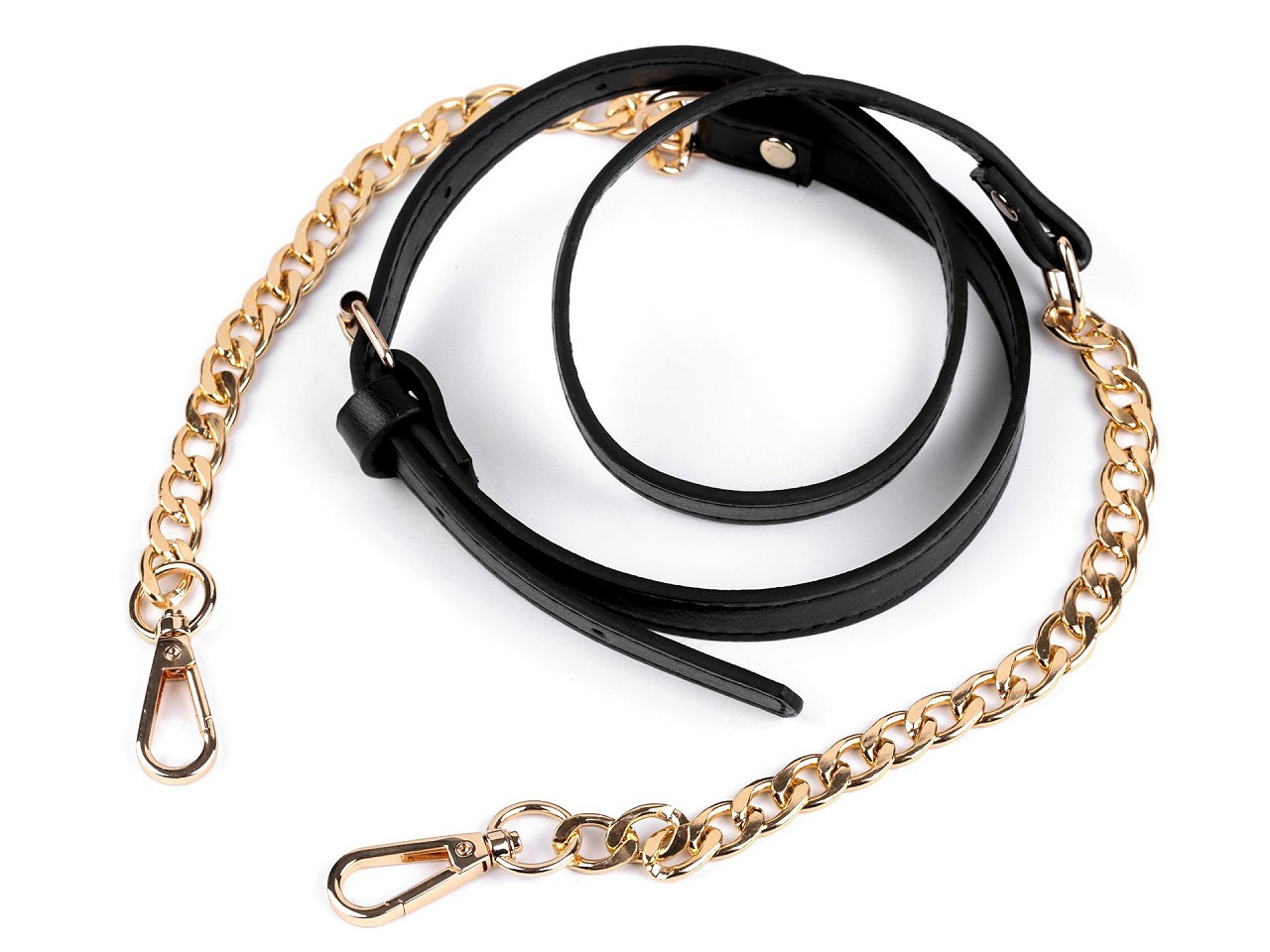 Koženkový popruh / ucho na kabelku s řetízkem a karabinami šíře 1,5 cm, barva 2 černá zlatá