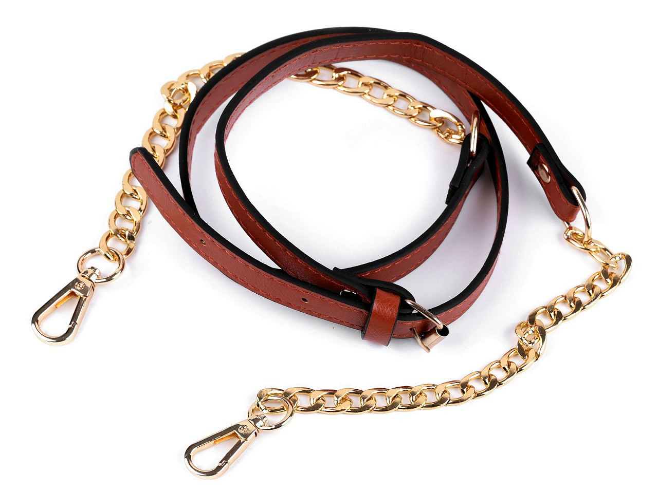 Koženkový popruh / ucho na kabelku s řetízkem a karabinami šíře 1,5 cm, barva 3 hnědá koňak zlatá