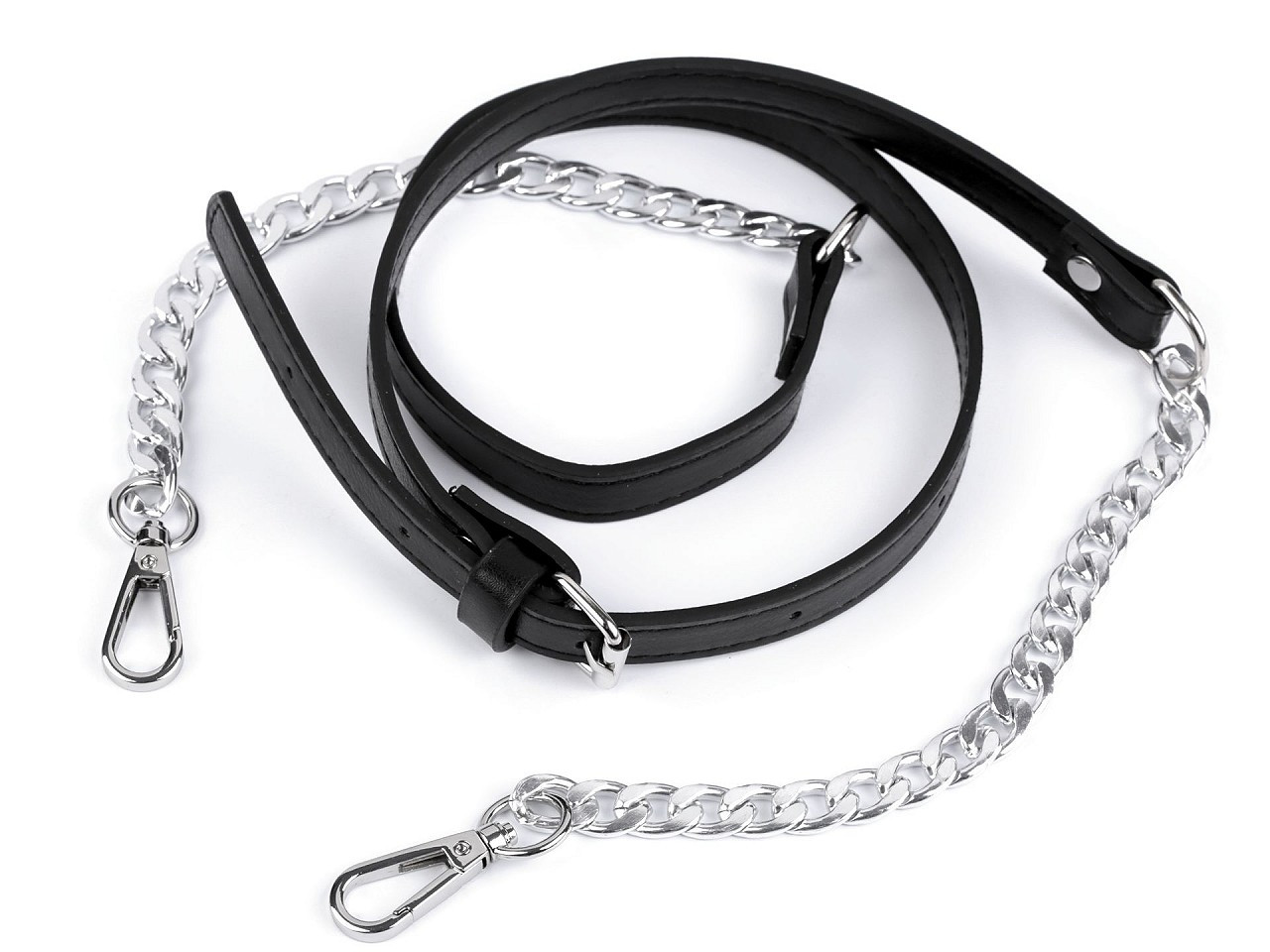 Koženkový popruh / ucho na kabelku s řetízkem a karabinami šíře 1,5 cm, barva 1 černá nikl