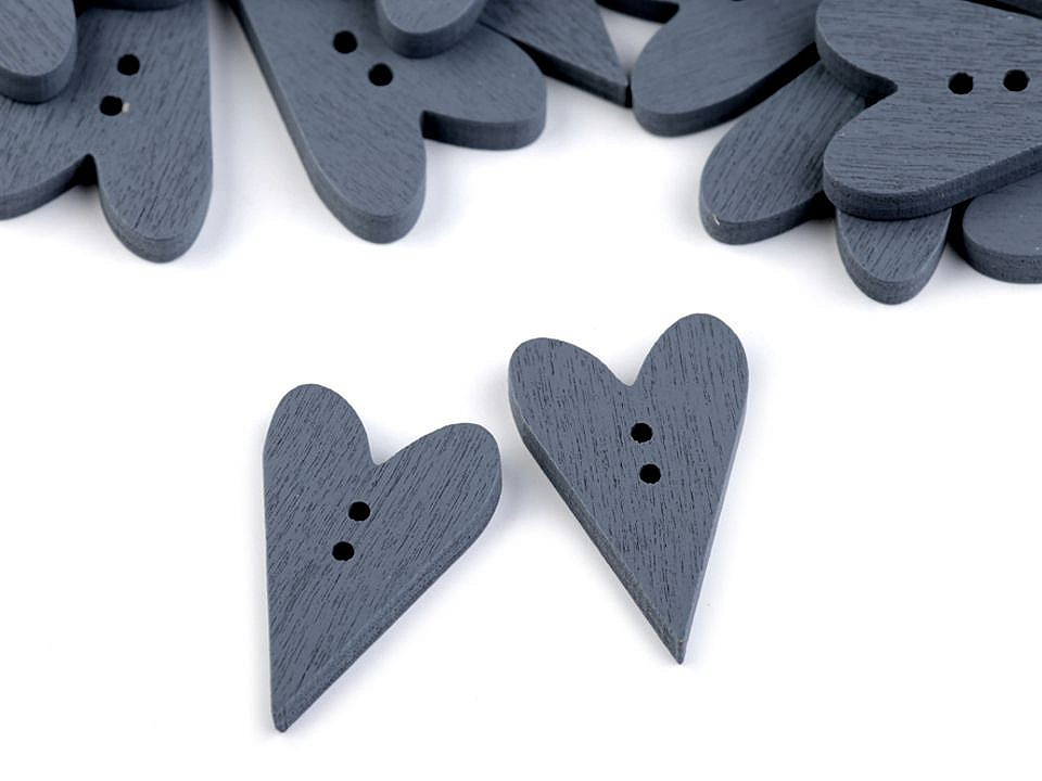 Dřevěný dekorační knoflík srdce, barva 5 šedá
