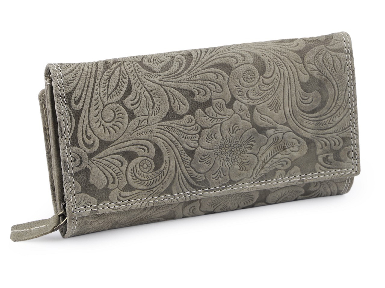Dámská peněženka kožená s květy, barva 10 šedozelená sv.