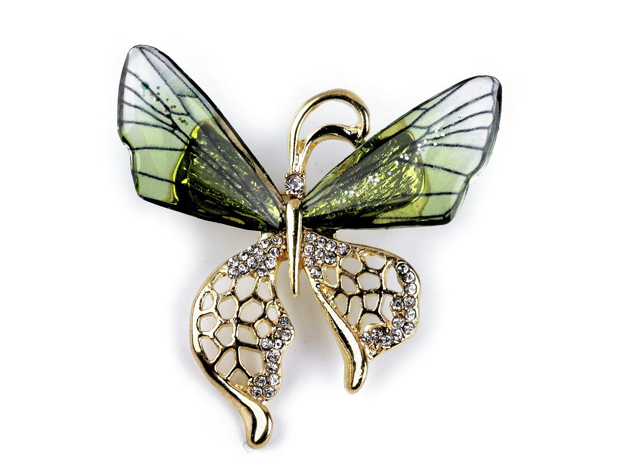 Brož s broušenými kamínky, barva 6 zelená sv. motýl
