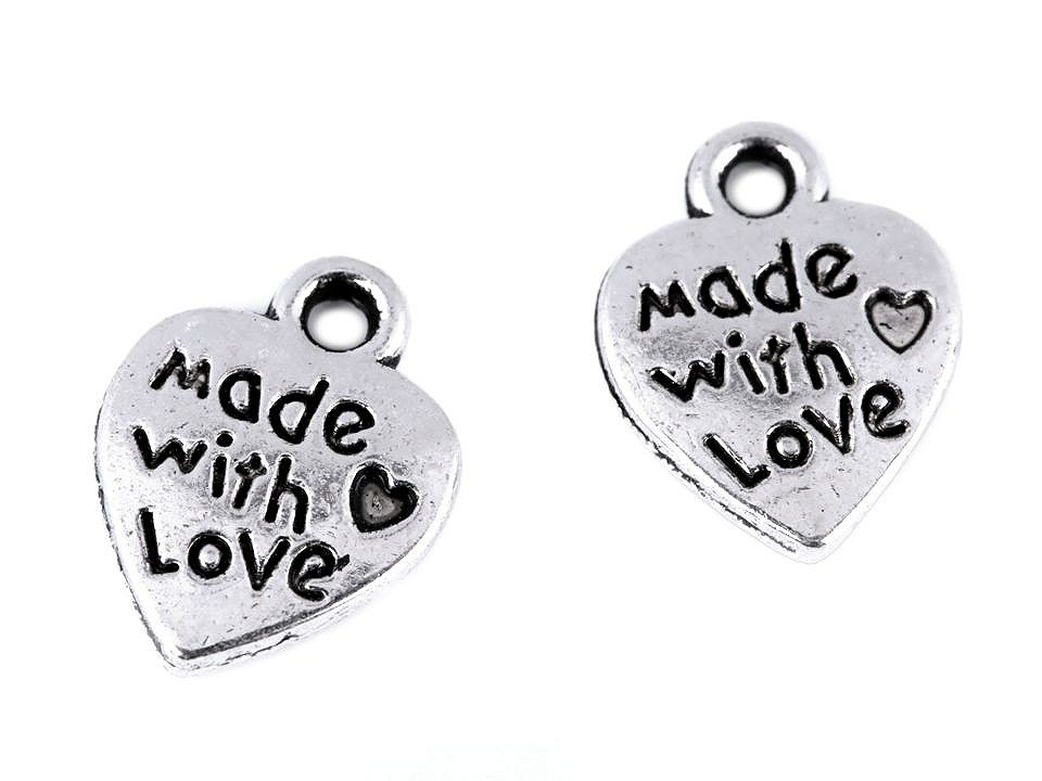 Přívěsek srdce 10x12 mm, barva 1 (Made with love) platina s patinou