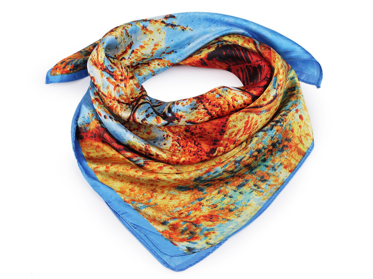 Saténový šátek 55x55 cm, barva 51 oranžovožlutá modrá