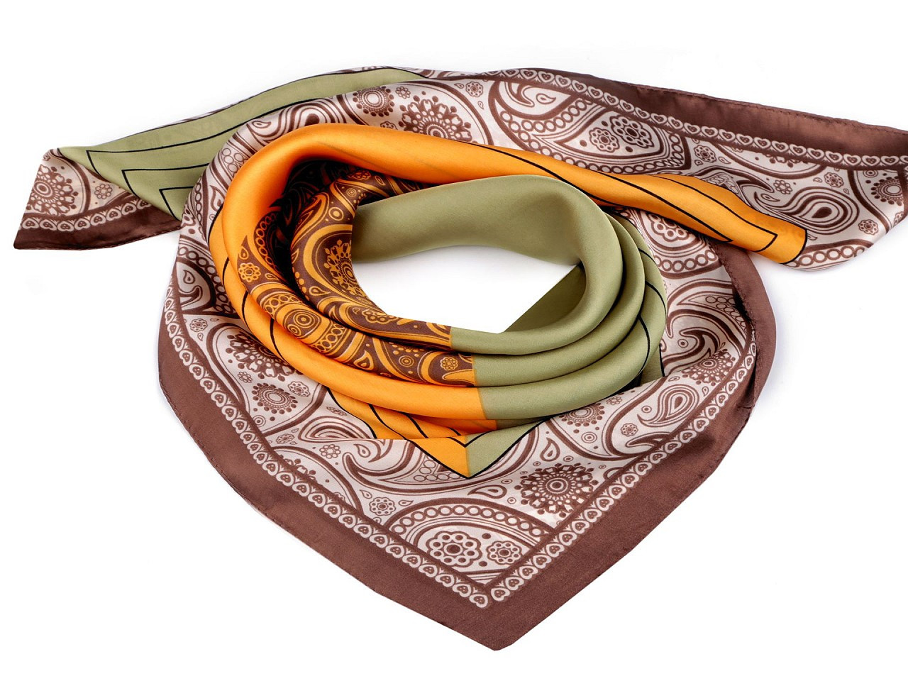 Saténový šátek paisley 70x70 cm, barva 2 hnědá koňak
