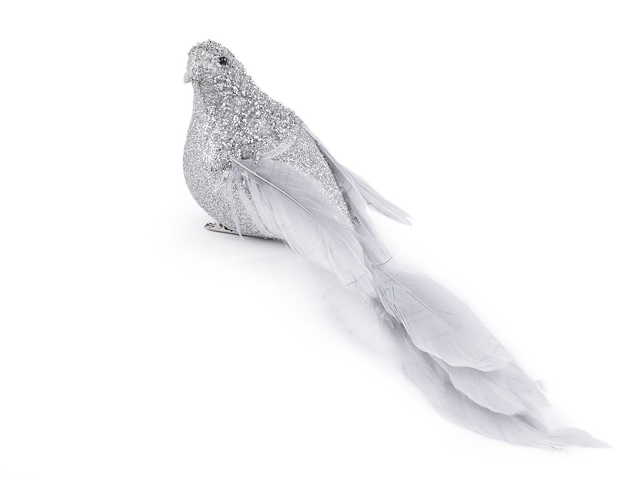 Dekorace glitrový ptáček s klipem, barva stříbrná