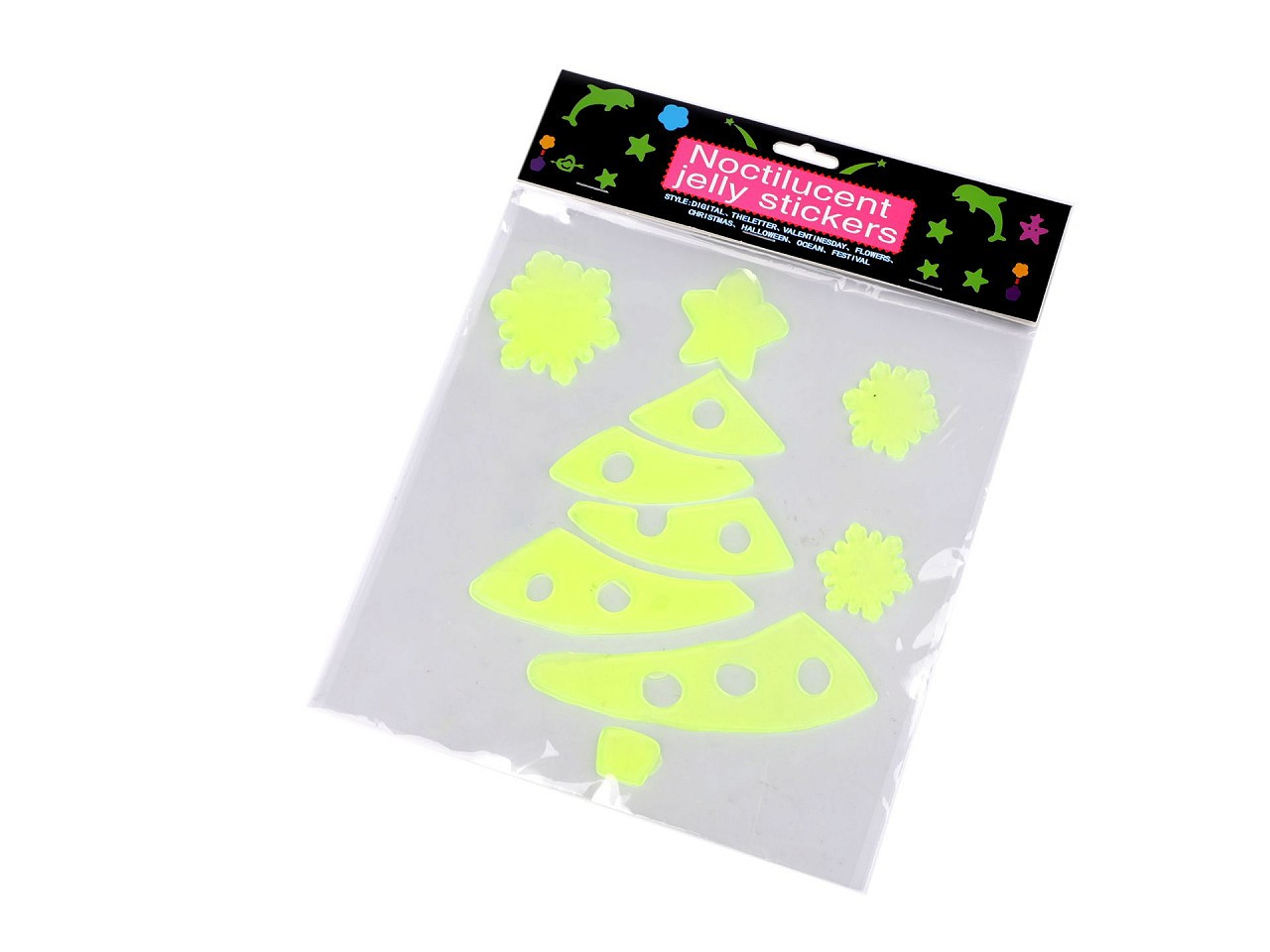 Vánoční gelové samolepky svítící ve tmě - vločky, stromeček, barva 2 žlutozelená ost. stromeček