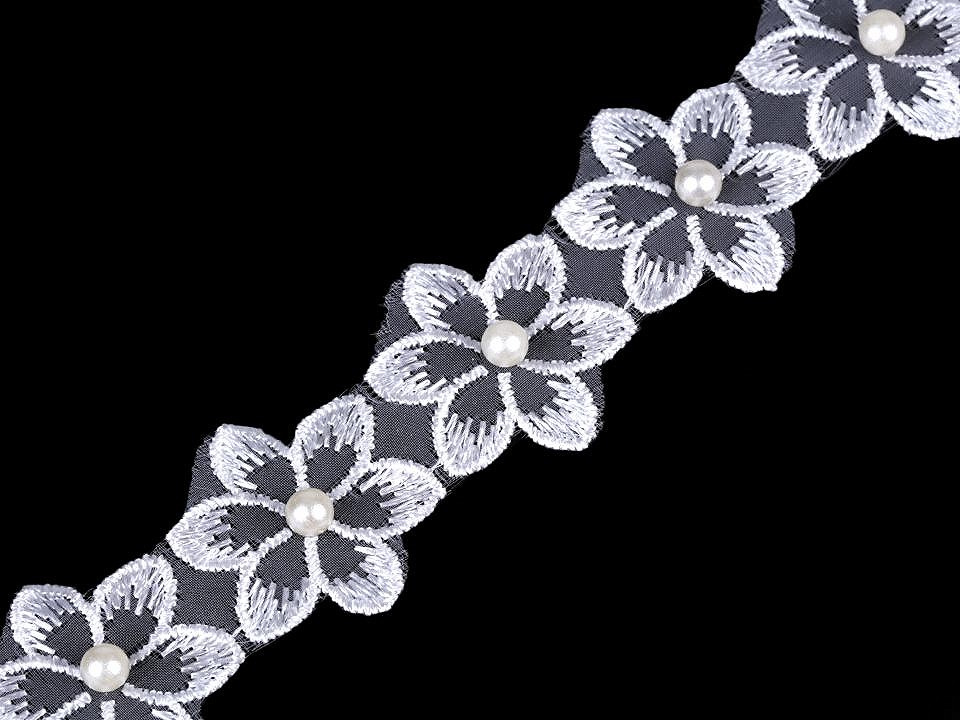 Prýmek květ s perlou na monofilu šíře 35 mm, barva 1 Off White
