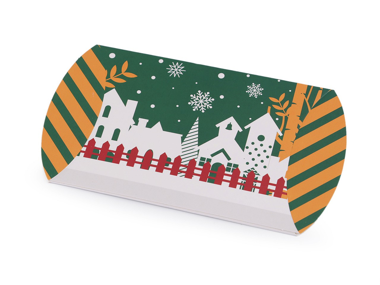 Vánoční dárková krabička sob, Mikuláš, sněhulák, perníček, kostelík, barva 3 zelená tmavá krajina