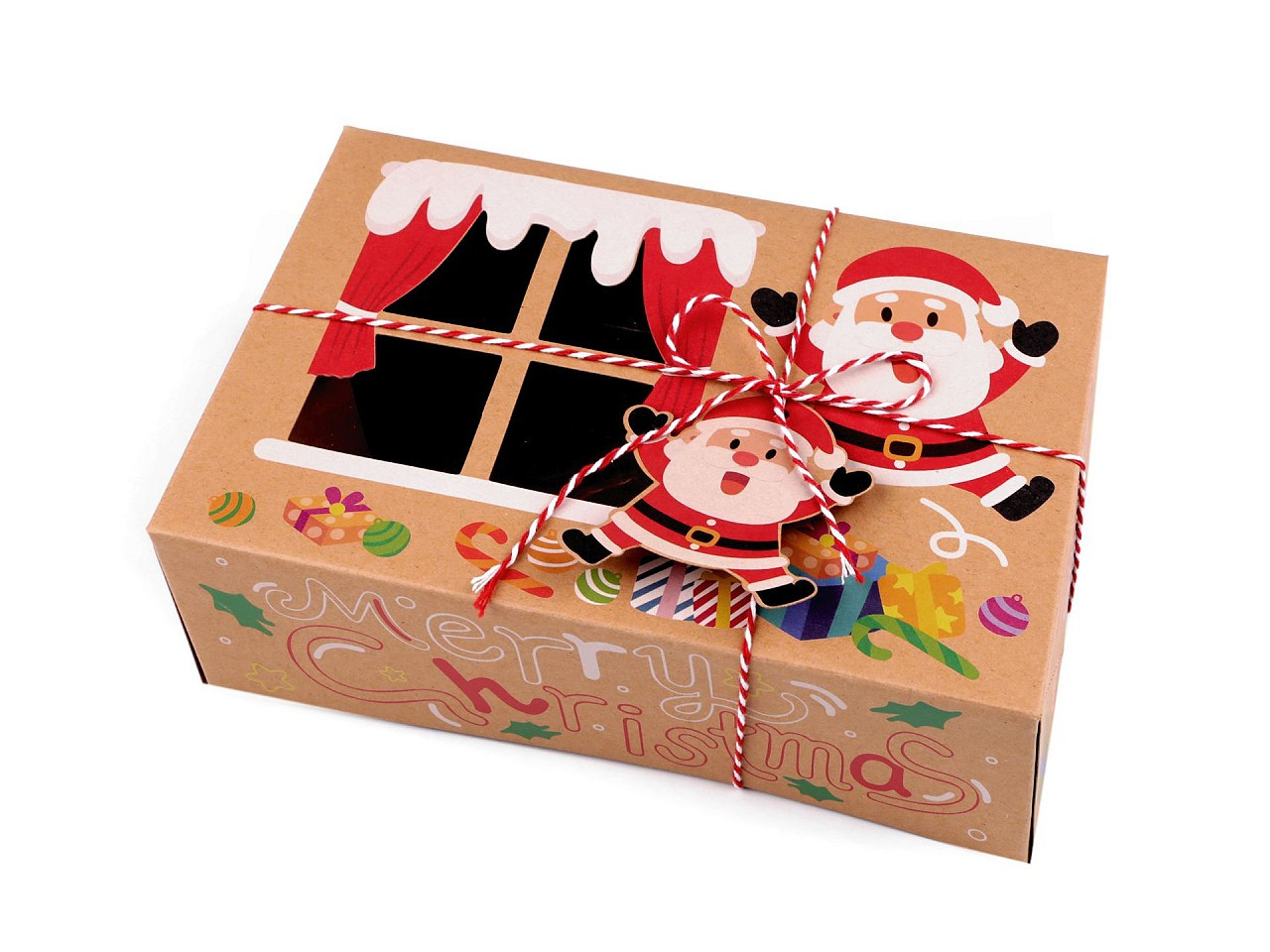 Vánoční dárková krabice s průhledem a jmenovkou, barva 4 hnědá přírodní Santa