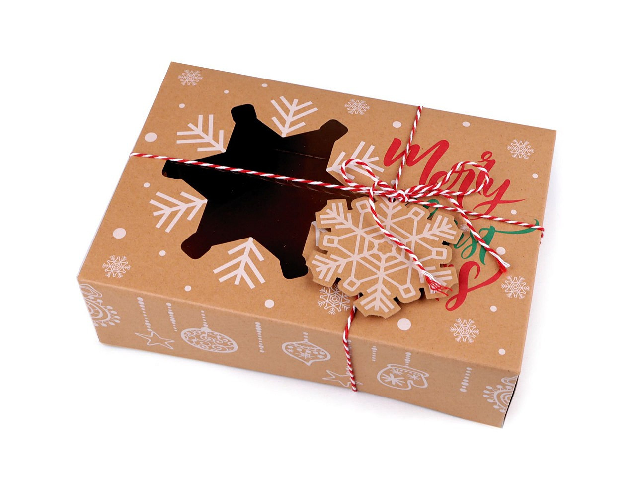 Vánoční dárková krabice s průhledem a jmenovkou, barva 1 hnědá přírodní vločka
