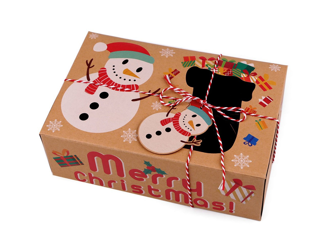 Vánoční dárková krabice s průhledem a jmenovkou, barva 3 hnědá přírodní sněhulák