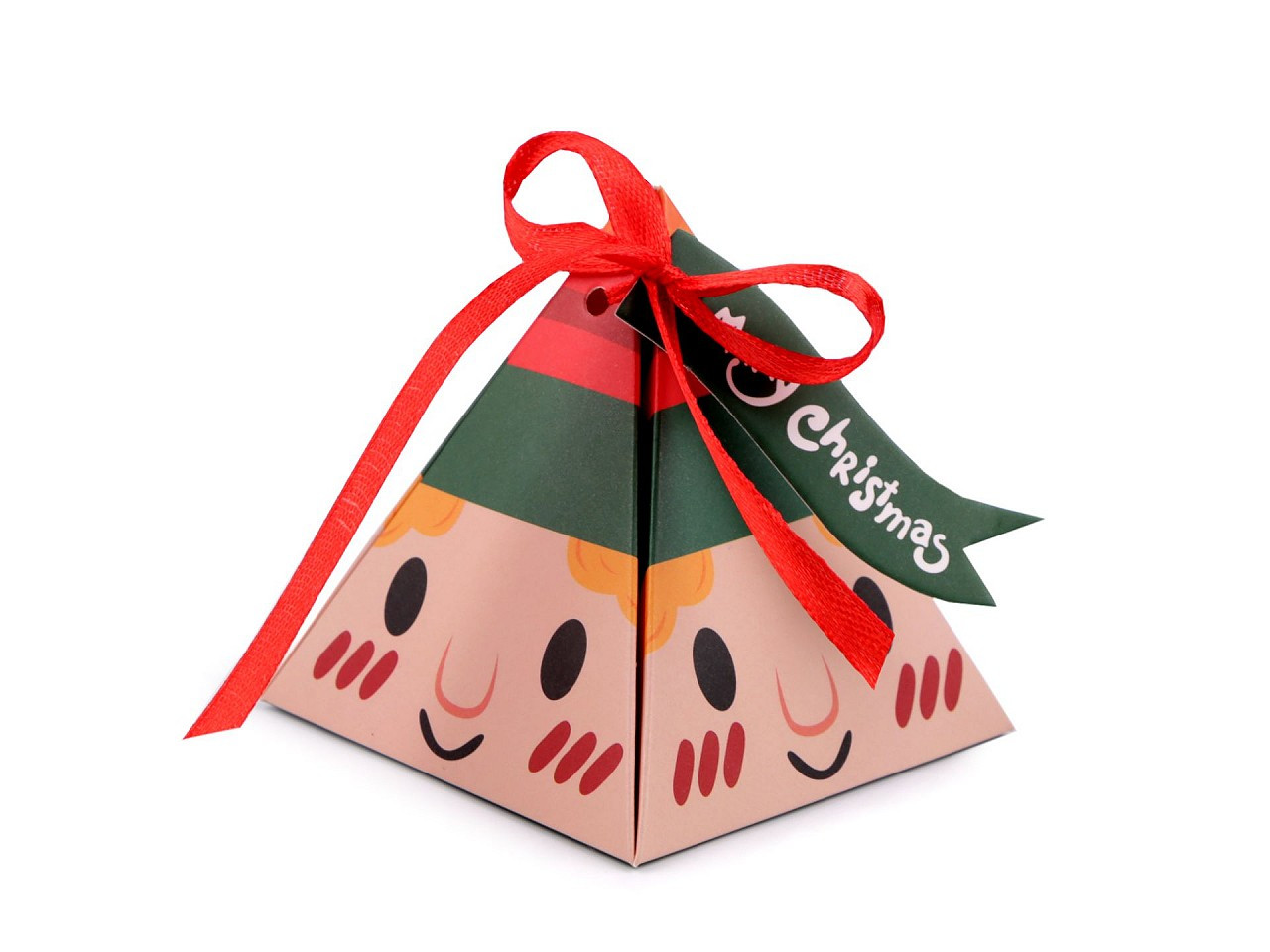 Vánoční dárková krabička pyramida - sob, Mikuláš, sněhulák, skřítek, barva 4 zelená tmavá skřítek