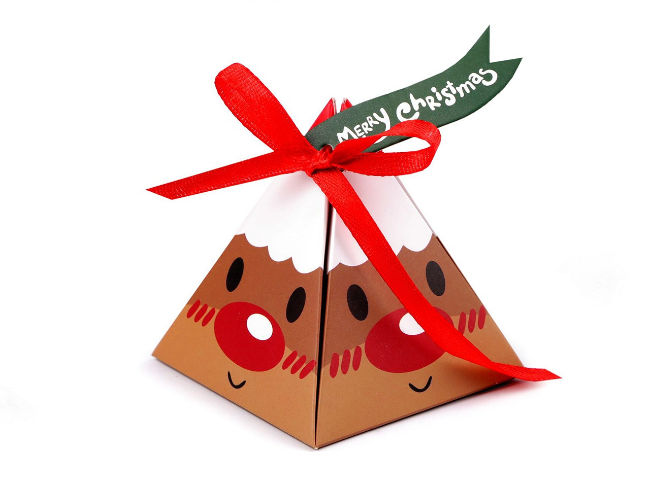 Vánoční dárková krabička pyramida - sob, Mikuláš, sněhulák, skřítek, barva 3 hnědá přírodní sob