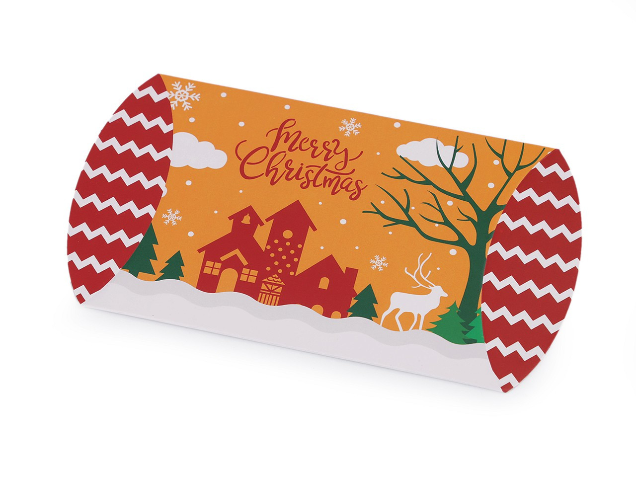 Vánoční dárková krabička sob, Mikuláš, sněhulák, perníček, kostelík, barva 2 oranžová krajina