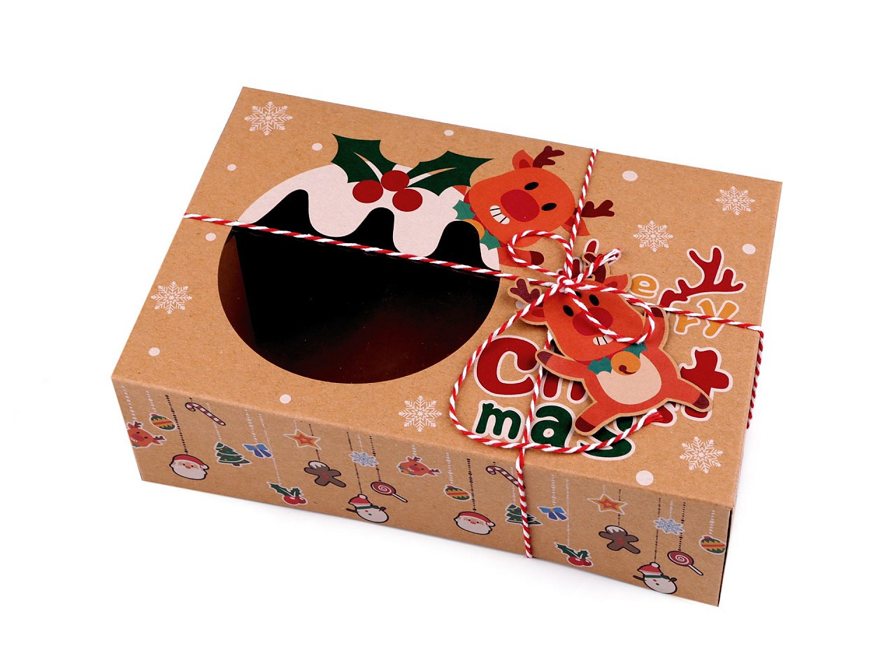 Vánoční dárková krabice s průhledem a jmenovkou, barva 2 hnědá přírodní sob