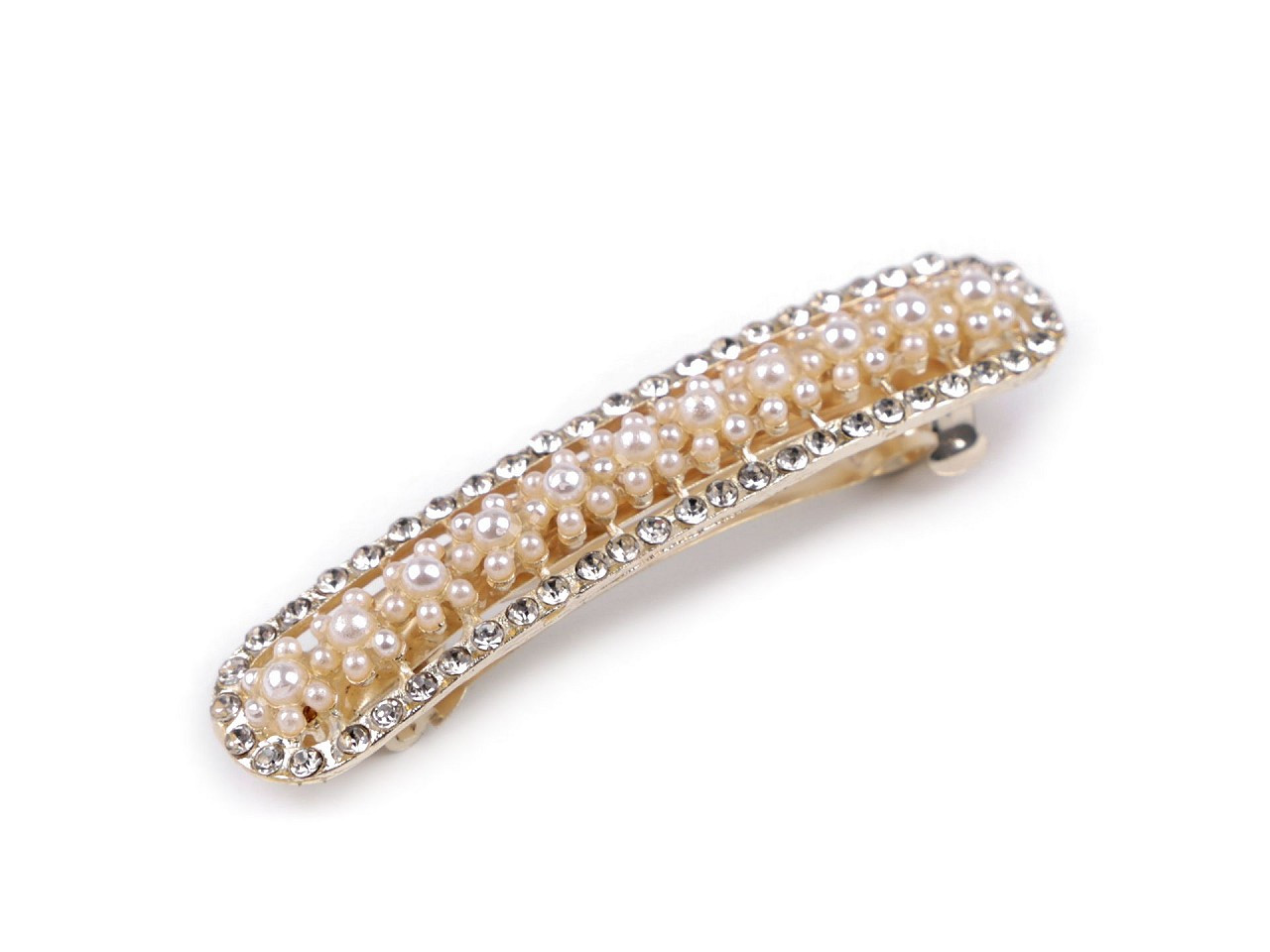 Francouzská spona do vlasů s perlami a broušenými kamínky, barva 2 perlová crystal